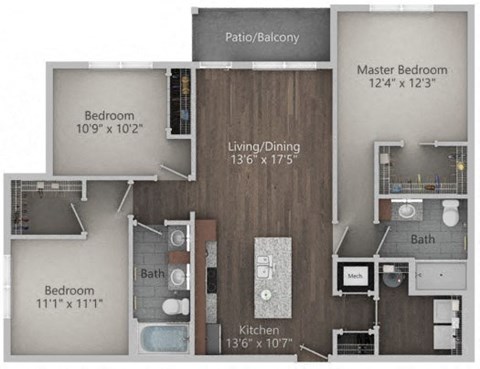 Floor plan for 3 beds, 2 baths, 1272 sqft